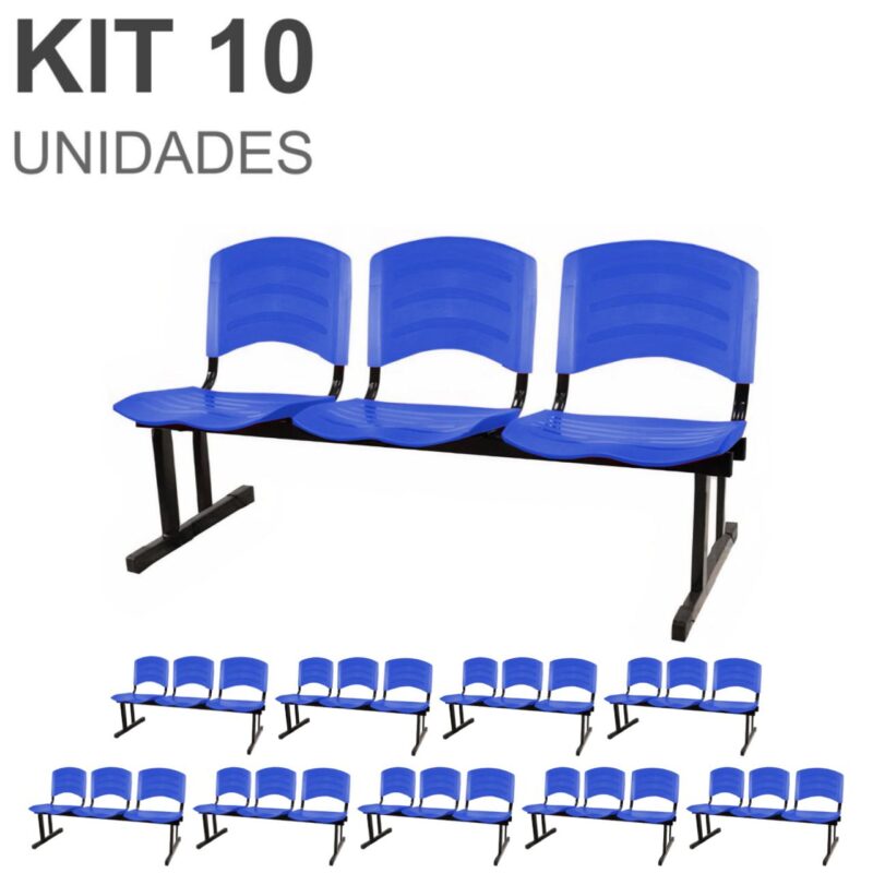 Kit 10 Cadeiras Longarinas PLÁSTICAS 03 Lugares – Cor Azul 33057 PRIME Cadeiras Escritório Longarinas 2