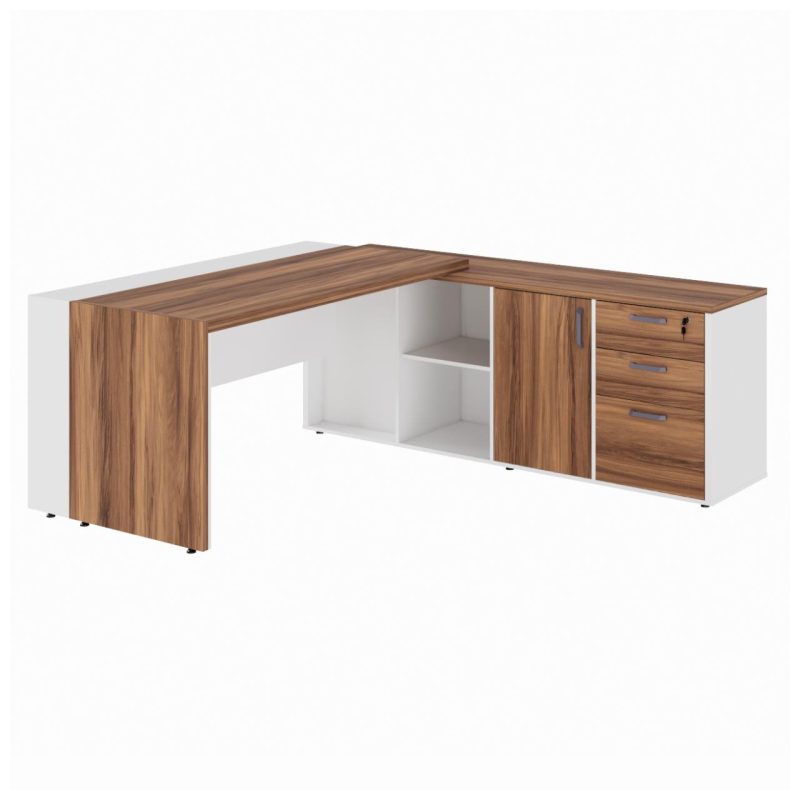 Mesa Escritório PRESIDENTE c/ Armário Pedestal – 1,82×1,80m – NOGAL SEVILHA/BRANCO – 34602 PRIME Cadeiras Escritório Linha 40 mm Nogal – Branco 2