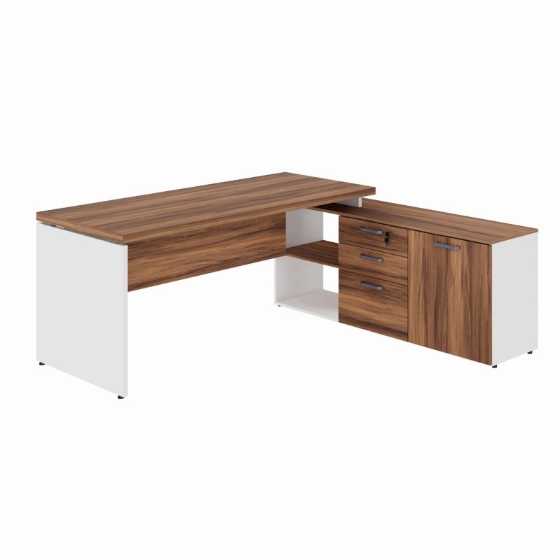 Mesa Diretorzinha c/ Aparador – Pé de MADEIRA – 1,90×1,50m – NOGAL SEVILHA / BRANCO – 34426 PRIME Cadeiras Escritório Linha 40 mm Nogal – Branco 2
